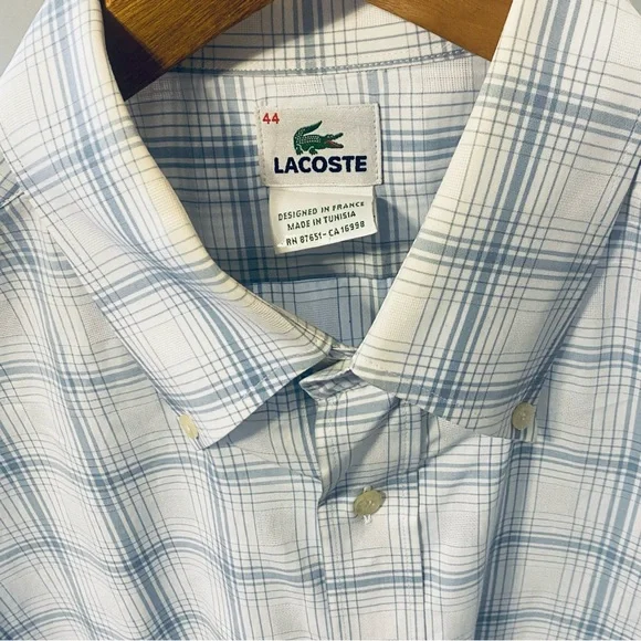 LACOSTE MENS CASUAL BUTTON DOWN SHIRT. BLUE WHITE PLAID SZ 44 P 25 LENGTH 32 EUC - Picture 3 of 6